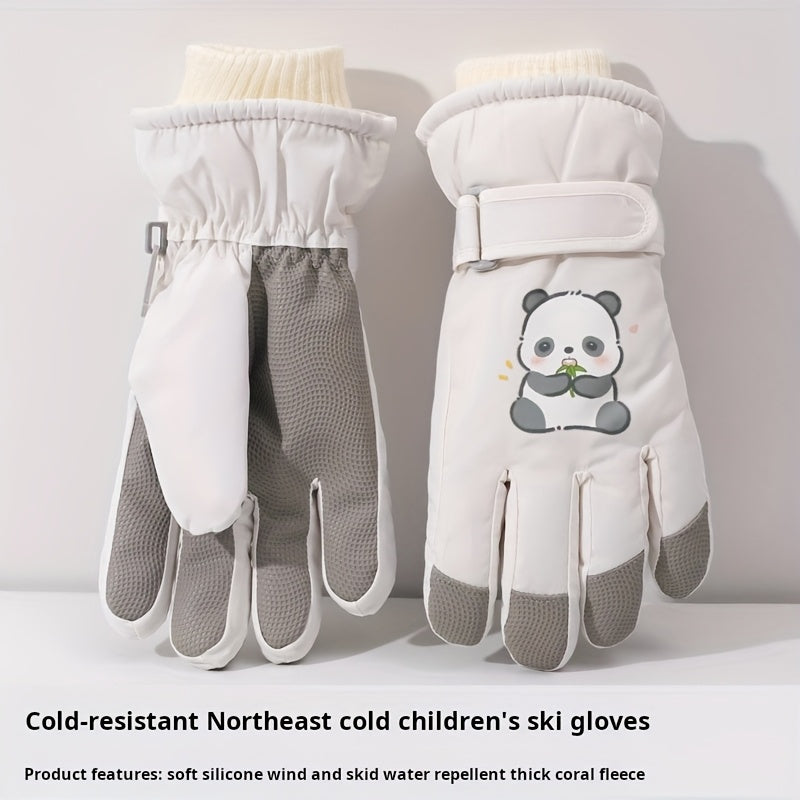 1 Pair Women'S Winter Ski Gloves, Cute Panda Design, Touchscreen Compatible, Polyester Thermal Lining, Velvet Palm, Magic Tape Closure, Hand Washable, Weather-Resistant